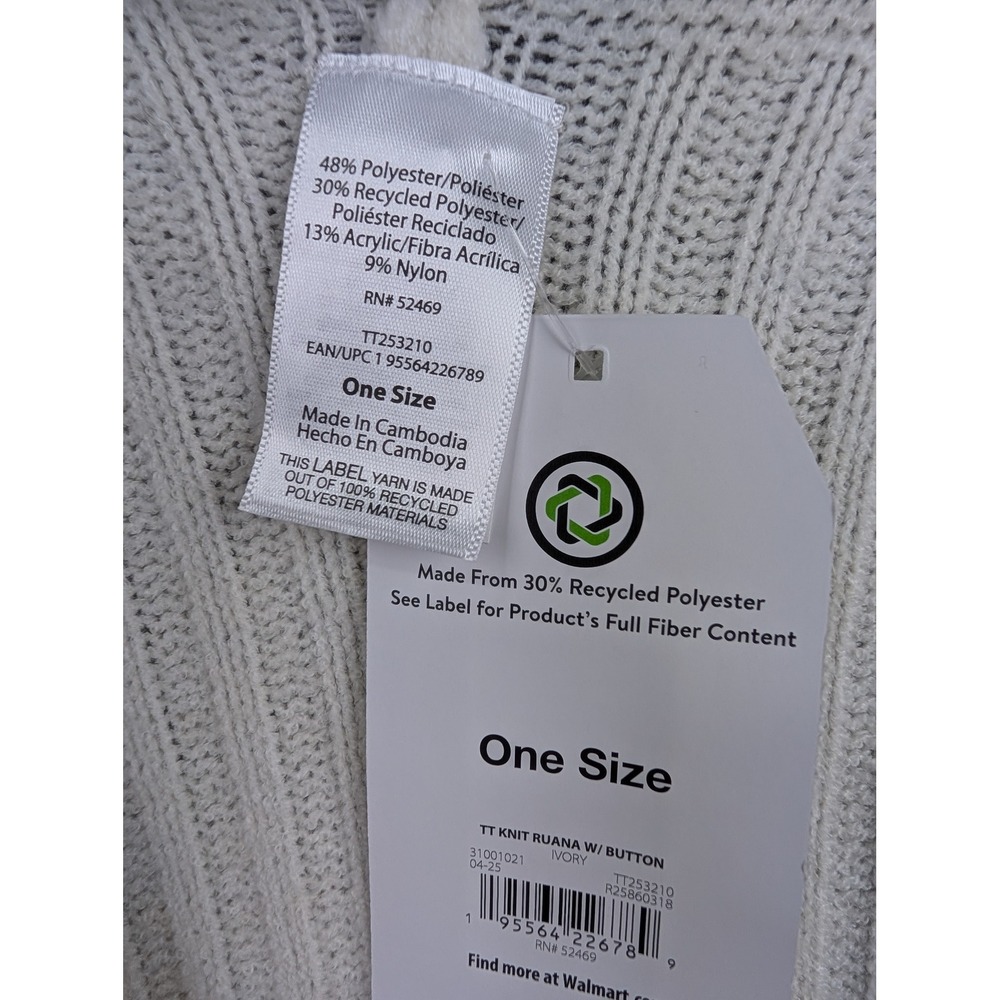 Time and Tru Ivory Ribbed Knit Ruana Button Front Poncho One Size - Picture 4 of 8